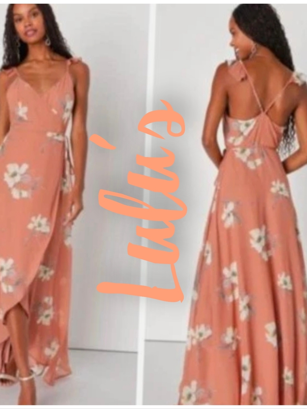 Lulu's Coral Floral Wrap Maxi Dress